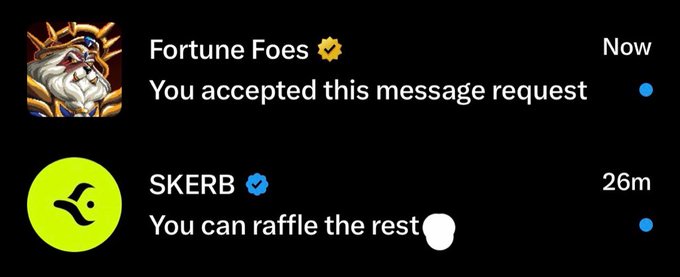 Two message notifications appear on a dark screen: "Fortune Foes" with the message "You accepted this message request," and "SKERB" with the message "You can raffle the rest." The notifications support the post about being locked in for whitelist spots, with SKERB confirming a raffle opportunity.