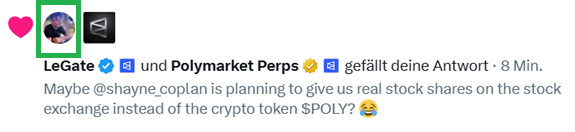 A Twitter/X post by LeGate replies to Polymarket Perps, suggesting that Shayne Coplan may be planning to distribute real stock shares instead of the $POLY crypto token, humorously playing on community speculation about the $POLY airdrop. The post relates to the frustrations of community members desperately seeking airdrop confirmation, with users reading into every small interaction from Polymarket team members.