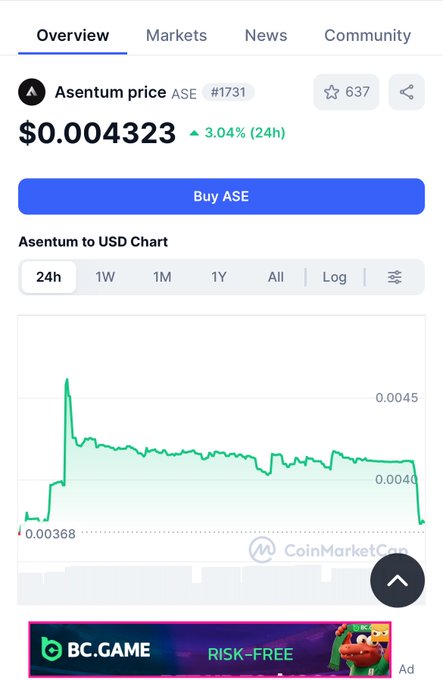 The image displays a trading app's graph showing several coins like ASE (Asentum) and COINMARGECAP, which are actively trading during a downward trend. The app is not part of another major cryptocurrency exchange or fork that would attempt to copy its strategies; instead, it focuses on providing an innovative approach to handling layer 1 orders in the highly competitive crypto market. The post emphasizes the uniqueness of Asentum's approach and how it distinguishes itself from other cryptocurrency exchanges or forks.