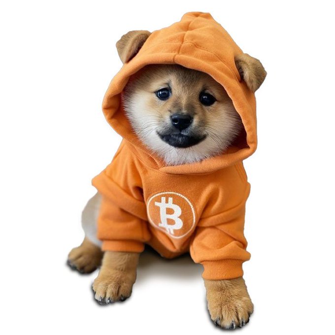 A small Shiba Inu puppy sits against a white background, wearing an orange hooded sweatshirt featuring the Bitcoin logo on the chest.