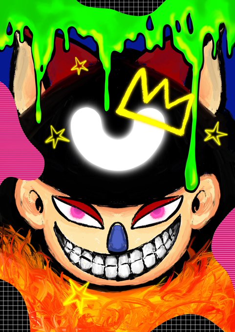 A menacing cartoon figure with glowing white eyes, a sinister toothy grin, a black top hat adorned with a yellow crown and stars, and dripping green slime, surrounded by pink and orange flames, captures the bold, edgy aesthetic of the "Baddie" 1/1 NFT drop on XRP Cafe.