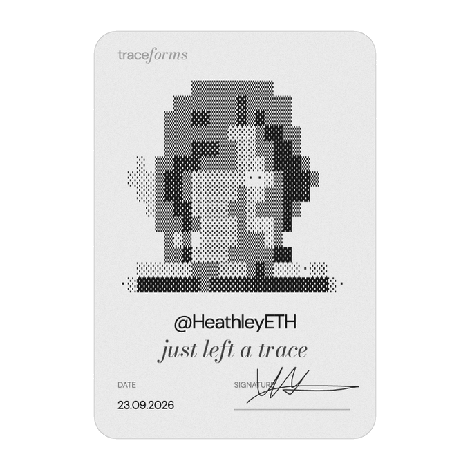 A pixelated halftone-style portrait of a face on a "traceforms" branded card reading "@HeathleyETH just left a trace," dated 23.09.2026 with a signature, representing the user's whitelist application submission for the @0xvesty-backed traceforms.xyz art project on Ethereum Mainnet.