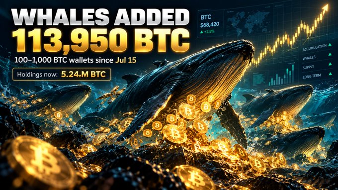 A graphic titled 'WHALES ADDED 113,950 BTC' showing whales swimming among gold Bitcoin coins, noting '100-1,000 BTC wallets since Jul 15' with 'Holdings now: 5.24M BTC' and BTC priced at $58,420 (+2.6%).
