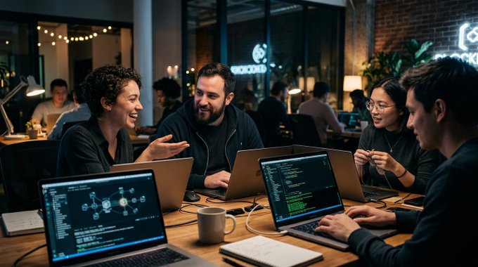 A group of people collaborating at a table with laptops in a modern office space with string lights, with one person gesturing while others smile and engage in conversation.