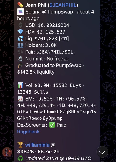 A Telegram message displaying cryptocurrency information for 'Jean Phil ($JEANPHIL)' on Solana PumpSwap, showing a USD price of $0.00219234, FDV of $2,125,527, and a 5M gain of +9.52%.