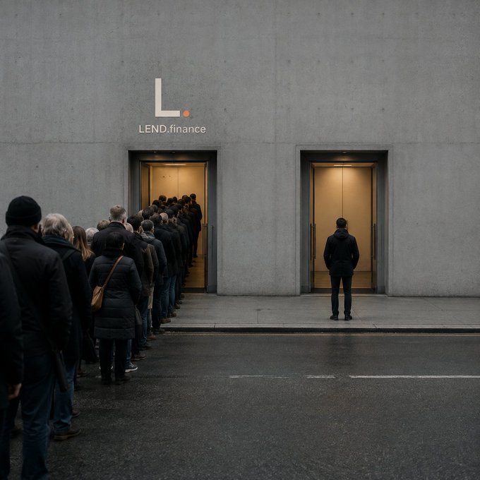 A long queue of people waiting in line outside two elevator doors of a gray building labeled 'L. LEND.finance'.