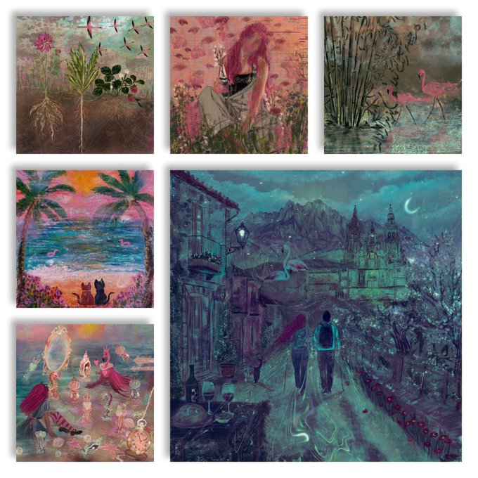 A collection of six whimsical paintings featuring surreal scenes with plants, flamingos, cats, a beach with palm trees, figures with an ornate mirror, and a couple walking near a castle at night.
