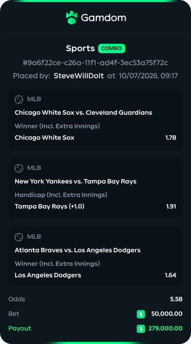 A Gamdom betting slip shows a combo sports wager of $50,000 with three MLB picks—White Sox, Yankees +1.0, and Dodgers—totaling 5.58 odds for a $279,000 payout, matching the user "SteveWillDoIt" who appears to be heading to an in-person casino after placing large online bets.
