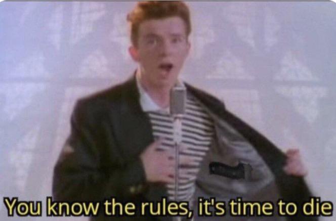 The image features a man wearing a suit standing next to a microphone, with the text "You know the rules, it's time to die" written above him. The background of the image shows a church or cathedral, which could be interpreted as a symbol for the end of an era or the passing of time. 

The post is related to the S&P 500 because the phrase "It's time to die" can also be seen in relation to the stock market. This phrase suggests that the current state of the economy might be unfavorable, and it could potentially signal a decline in the value of the S&P 500 index or other stocks. The image serves as an attention-grabbing visual for those who are interested in both finance and pop culture.