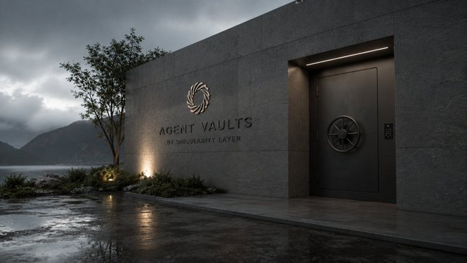 An atmospheric architectural rendering shows a massive dark concrete wall with a heavy circular vault door labeled 'AGENT VAULTS BY SINGULARITY LAYER', set against a moody landscape with water and a tree.