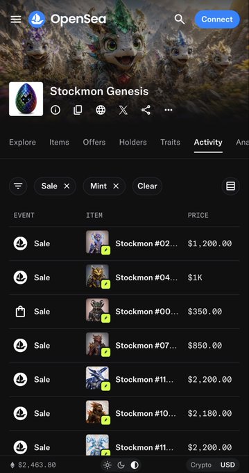 OpenSea mobile page for the Stockmon Genesis collection showing the Activity tab with multiple Sale and Mint listings, including items like Stockmon #02 at $1,200.00 and Stockmon #11 at $2,200.00.