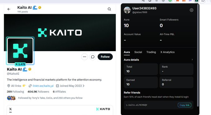 Screenshot of the Kaito AI Twitter/X profile (@KaitoAI) showing 11K points and 404.9K followers, alongside a user dashboard showing 10 Aura points for User243832493.