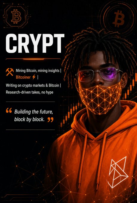 A crypto-themed graphic featuring a man in an orange hoodie and geometric face mask, with text 'CRYPT', 'Mining Bitcoin, mining insights | Bitcoiner', and 'Building the future, block by block.'