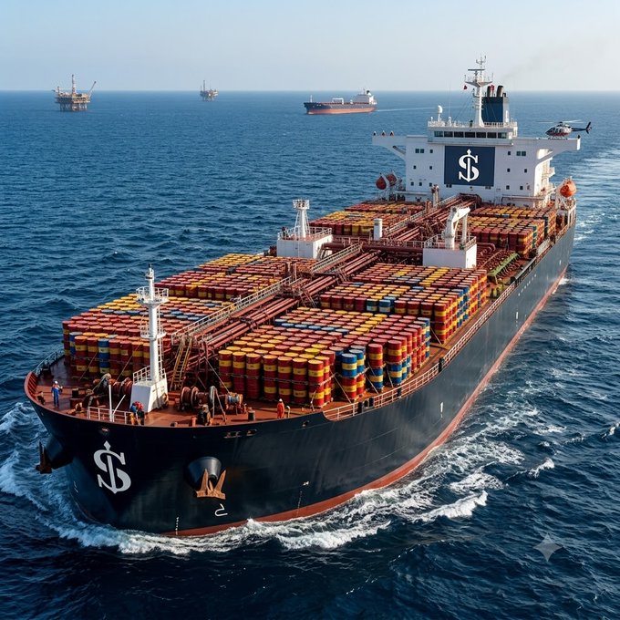 An aerial view of a large cargo ship sailing on the open ocean, loaded with colorful shipping containers (red, yellow, blue), with offshore oil rigs visible in the background.
