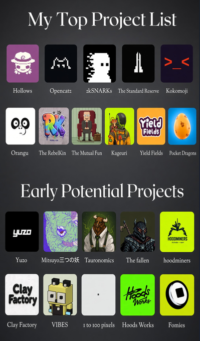 A phone screenshot showing lists titled 'My Top Project List' (including Hollows, Opencatz, ckSNARKs, The Standard Reserve, Kokomoji, Orangu, The RebelKin, The Mutual Fun, Kageuri, Yield Fields, and Pocket Dragons) and 'Early Potential Projects' (including Yuzo, Mitsuyo三の妖, Tauronomics, The fallen, hoodminers, Clay Factory, VIBES, 1 to 100 pixels, Hoods Works, and Fomies).