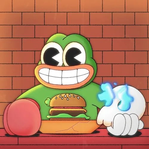 A cartoon image of a smiling green frog-like character with large eyes, holding a hamburger and a white object with blue flame effects, set against a red brick wall background.