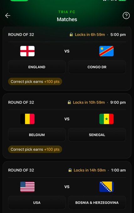 A sports prediction app screen showing 'TRIA FC Matches' with Round of 32 fixtures: England vs Congo DR, Belgium vs Senegal, and USA vs Bosnia & Herzegovina.