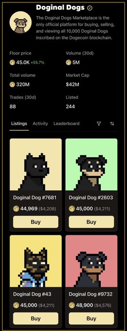 The Doginal Dogs marketplace showing official platform for buying, selling, and viewing 10,000 Doginal Dogs inscribed on the Dogecoin blockchain, with a floor price of 45.0K, market cap of $42M, and listings for pixelated dog NFTs like Doginal Dog #7681 and #2603.
