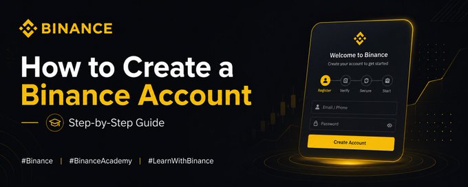A promotional banner for Binance featuring the headline "How to Create a Binance Account — Step-by-Step Guide," alongside a 3D illustration of a smartphone displaying the "Welcome to Binance" signup screen with fields for email/phone and password, along with a yellow "Create Account" button, visually illustrating the account creation process described in the post.