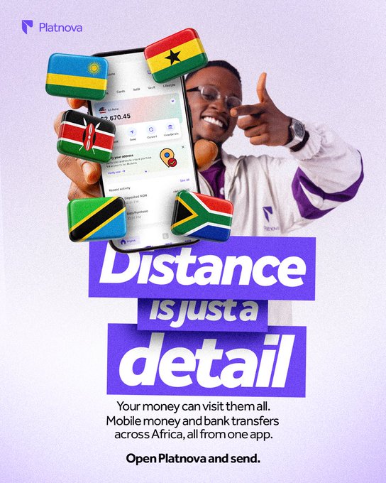 An advertisement for Platnova featuring a smiling person pointing at a smartphone displaying money transfer options, surrounded by African country flags, with the tagline "Distance is just a detail."