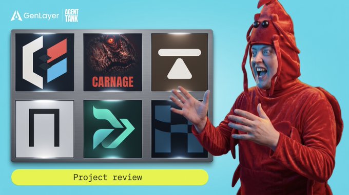 A thumbnail featuring a man in a red lobster costume gesturing toward a grid of project icons (including 'CARNAGE') under the 'GenLayer AGENT TANK' logo, with a yellow 'Project review' button.