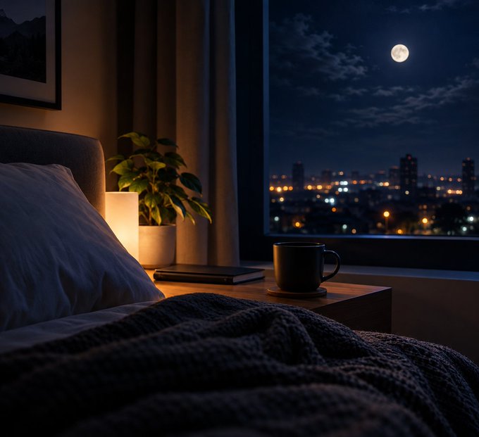 A cozy bedroom scene shows a bed with a textured blanket, a wooden nightstand holding a book, a dark mug, and a glowing lamp next to a window looking out over a city skyline at night under a full moon.