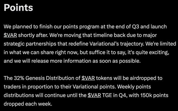 A Variational (VAR) Points program update announces a timeline delay to Q4 for the TGE, with 32% Genesis Distribution of VAR tokens allocated to traders based on points, and weekly distributions of 150k points continuing until launch.