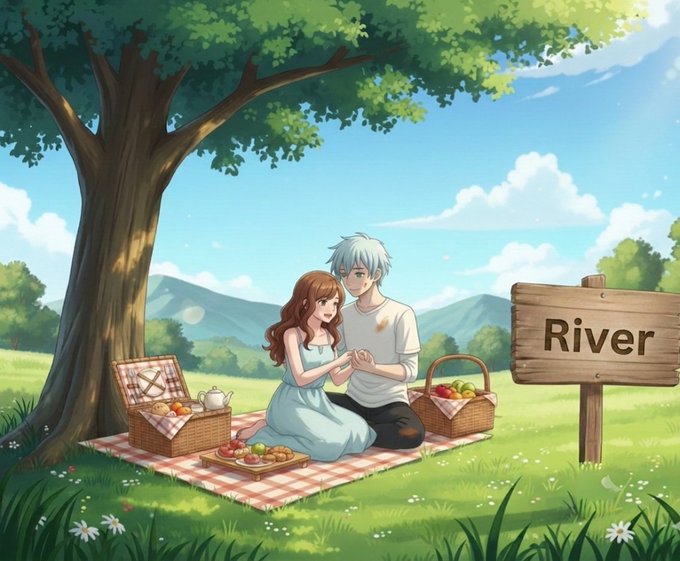 An anime-style illustration depicts a couple having a picnic under a large tree with a 'River' wooden sign nearby, baskets of fruit beside them.