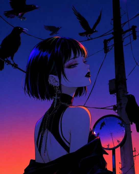 The image features a woman with long hair, wearing a black dress and earrings, standing next to a mirror that reflects her surroundings. She has dark makeup on her face and is looking off into the distance. The background of the image includes several birds flying in various directions against a blue sky backdrop. The post appears to be related to a social media platform or an online community where users share their thoughts and experiences, as indicated by the use of the hashtag #quip network @River4fun @useTria C ya on Sunday.
