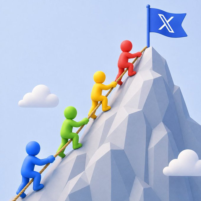 A 3D illustration showing colorful figures (blue, green, yellow, and red) climbing a mountain together on a rope ladder, reaching a blue flag with the X (formerly Twitter) logo at the summit.