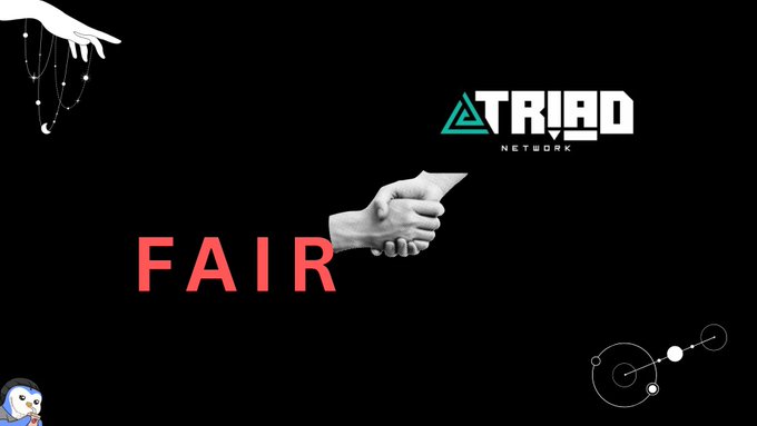 A minimalist promotional graphic for 'TRIAD NETWORK' displaying the word 'FAIR' alongside an image of two hands shaking, with constellation-like decorative elements.