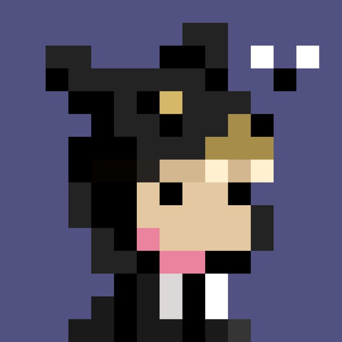 A pixel art character with black hair and a crown/headpiece on a purple background, resembling a retro 8-bit style game sprite.