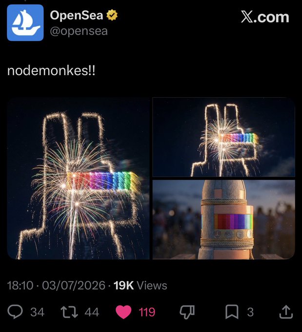 A tweet from OpenSea (@opensea) on X.com saying 'nodemonkes!!' featuring fireworks forming the shape of a nodemonke NFT character with a rainbow shooting from its face.