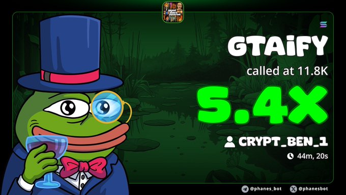 The image features a cartoon character, possibly a frog or a gecko, wearing a top hat with glasses holding up a wine glass that says "5X" on it. The background appears to be greenish-gray, giving the scene an old-fashioned feel, and there are numbers such as "14M2N7D78J", which might represent the character's level or score in the game. The post also includes a link, possibly to a video or a website.
