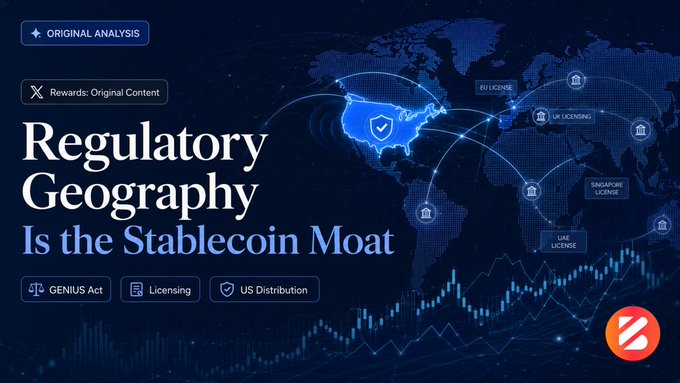 A banner titled 'Regulatory Geography: Is the Stablecoin Moat' features a world map highlighting the US with tags for EU License, UK Licensing, Singapore License, and UAE License, alongside tags for GENIUS Act, Licensing, and US Distribution.