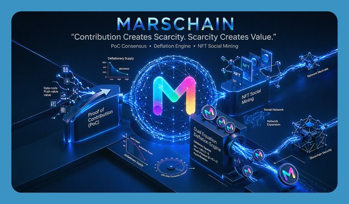 The image features a blue advertisement for MarsChain cryptocurrency that showcases its features and value. The background of the photo is black with details about Bitcoin Core and PoC consensus systems, as well as an interactive graph showcasing the network's growth over time. There are also various Bitcoin-related icons within the text on the poster, such as mining pools and transactions, which emphasize the focus on Bitcoin Core values and mining efforts.