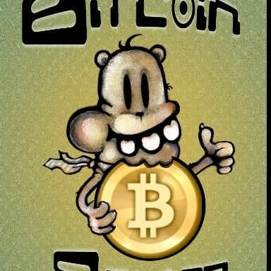 A cartoon illustration features a grinning brown character giving a thumbs-up while holding a large gold Bitcoin coin against a green background, with partial text 'BitCoin' visible.