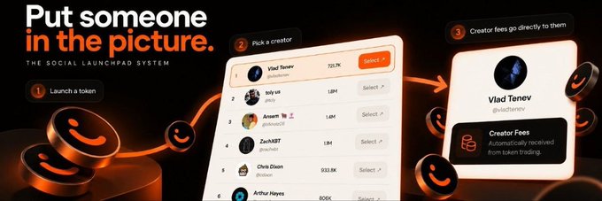 A promotional graphic for Social Launchpad displays a three-step process with the headline "Put someone in the picture," illustrating how users can "Launch a token," "Pick a creator" (showing Vlad Tenev with a 72.7k market cap and other handles such as jolyvii, Ansem, ZonXBT, Chris Dixon, and Arthur Hayes), and have "Creator fees go directly to them," aligning with the post's description of an xpaid-style platform on Robinhood Chain that routes creator fees to chosen X accounts before they join.