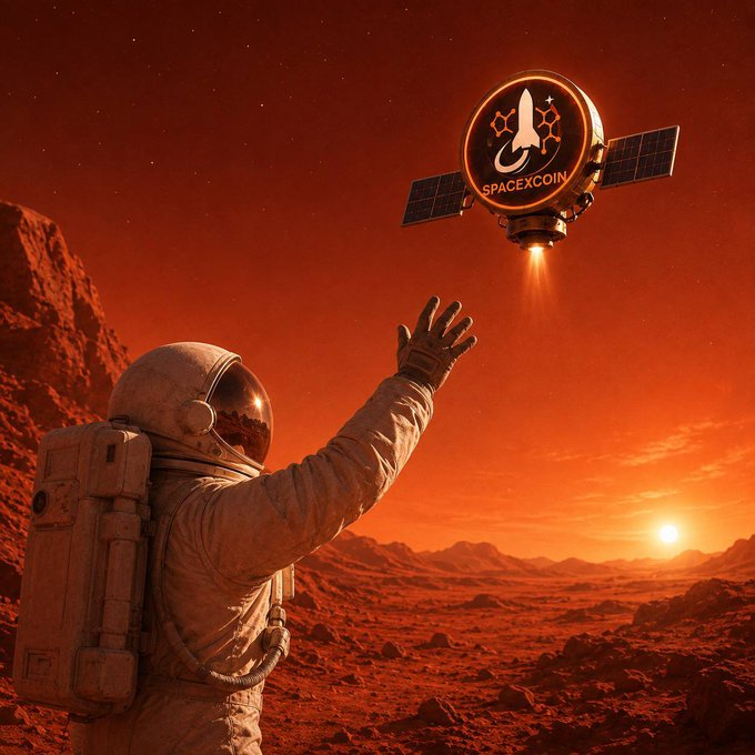 An astronaut reaches toward a satellite emblazoned with "SpaceXCoin" as it descends over a red Martian landscape, symbolizing the meme crypto's bold claim to becoming the "biggest memecoin in the galaxy." The image visually reinforces the post's $SPCX hype, merging space exploration imagery with crypto branding to project interplanetary ambitions.