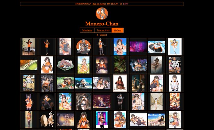 The image shows a website titled "Monero-Chan" displaying a gallery grid (8 shared) of anime-style character art featuring an orange-clad female mascot. At the top, ticker information reads "MONEROCHAN Buy on Jupiter MC: $104.2K 1h: 0.43%."

This relates to the post about the $MONEROCHAN memecoin pegged against $XMR, which just launched on Robinvista—showcasing the project's mascot gallery alongside its market cap and trading data on Jupiter.