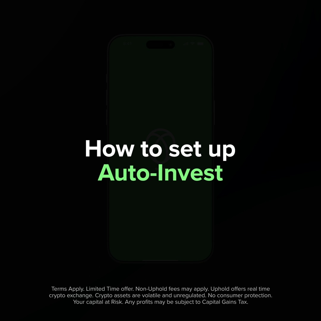 The image features a green cell phone with white text that says "How to setup Auto-Invest". The background of the image is black, which makes the green text stand out prominently. The text provides information about setting up an auto-invest account using cryptocurrency, specifically mentioning Bitcoin and Ethereum. The post appears to be targeting U.S. consumers interested in investing their money through crypto assets.