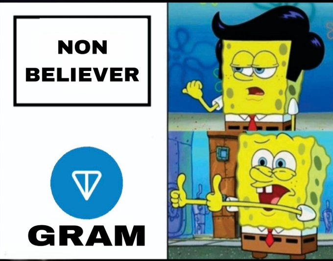 A meme contrasting "NON BELIEVER" with the TON (Gram) cryptocurrency logo, featuring SpongeBob looking skeptical above and enthusiastic below.
