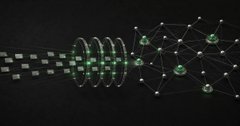A stylized 3D graphic showing a glowing neural network or data structure passing through a cylindrical tunnel, transforming from solid blocks into connected nodes.