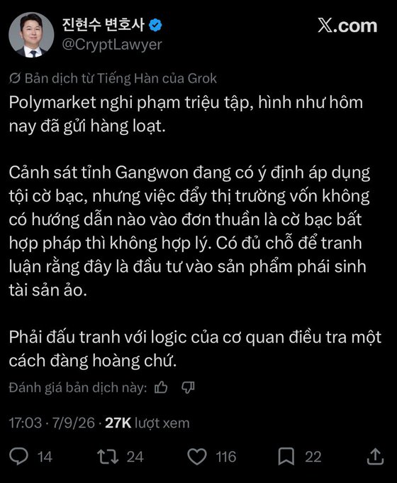 A screenshot of an X.com post (in Vietnamese) from user @CryptLawyer (진현수 변호사) translated by Grok, discussing Polymarket and the Gangwon provincial police's potential gambling charges regarding virtual asset generation, posted on 7/9/26.