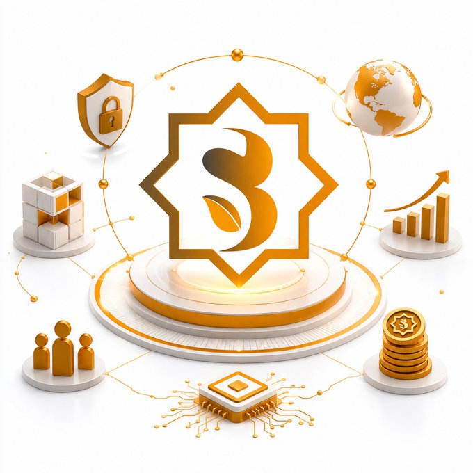 A gold-and-white 3D infographic showcases an eight-pointed star emblem featuring a stylized "S" logo at its center, surrounded by orbiting icons representing security (shield with padlock), global reach (globe), growth (rising bar chart), logistics (boxes), community (people figures), finance (coin stack), and blockchain technology (microchip). The composition visually reinforces the post's message of quiet but steady ecosystem progress, with the central "S" symbolizing Sidra Chain and its surrounding elements reflecting the platform's diverse advancements in KYC, DeFi (SidraDEX), incubation (SidraStart), and infrastructure.