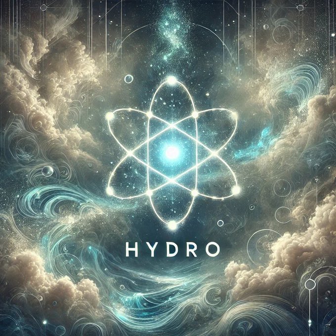 A cosmic-themed digital artwork showing a glowing atomic symbol made of light, surrounded by clouds and stars, with the word "HYDRO" displayed below.