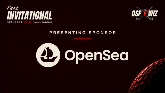 A promotional banner for the 'RARE INVITATIONAL SINGAPORE 2026' event powered by Coinbase, listing OpenSea as the Presenting Sponsor alongside logos for OSF and WIZ.
