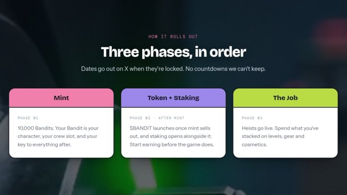 An informational graphic titled "Three phases, in order" detailing a roadmap: "Phase 01: Mint" (pink), "Phase 02: Token + Staking" (purple), and "Phase 03: The Job" (green).