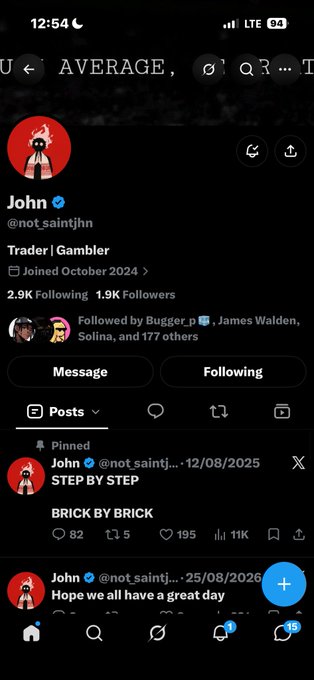 A Twitter/X profile page for user 'John' (@not.saintjhn), described as a 'Trader | Gambler' who joined in October 2024, with 2.9K following and 1.9K followers.