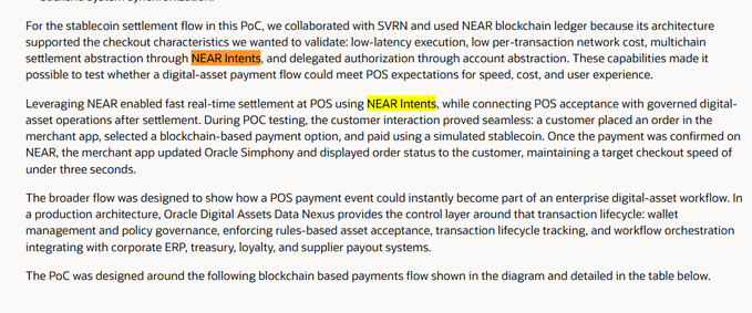 A text excerpt discussing stablecoin settlement flow, mentioning NEAR blockchain ledger, NEAR Intents, SVRN, and Oracle Digital Assets Data Nexus.